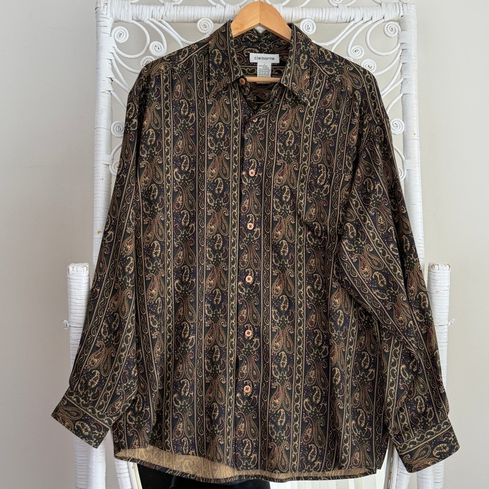 Vintage 90s Paisley Shirt Mens Large Brown Button Up Rayon Baroque Boho Grandpa